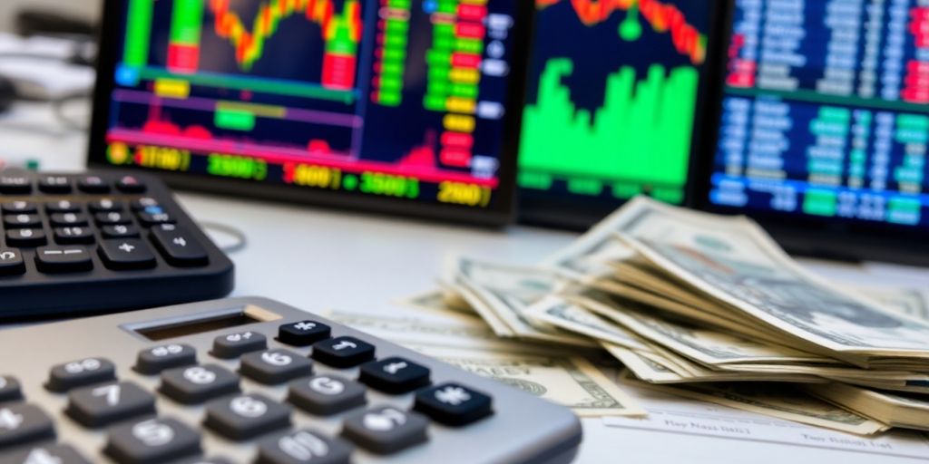 Calculator and money on a desk for investing.