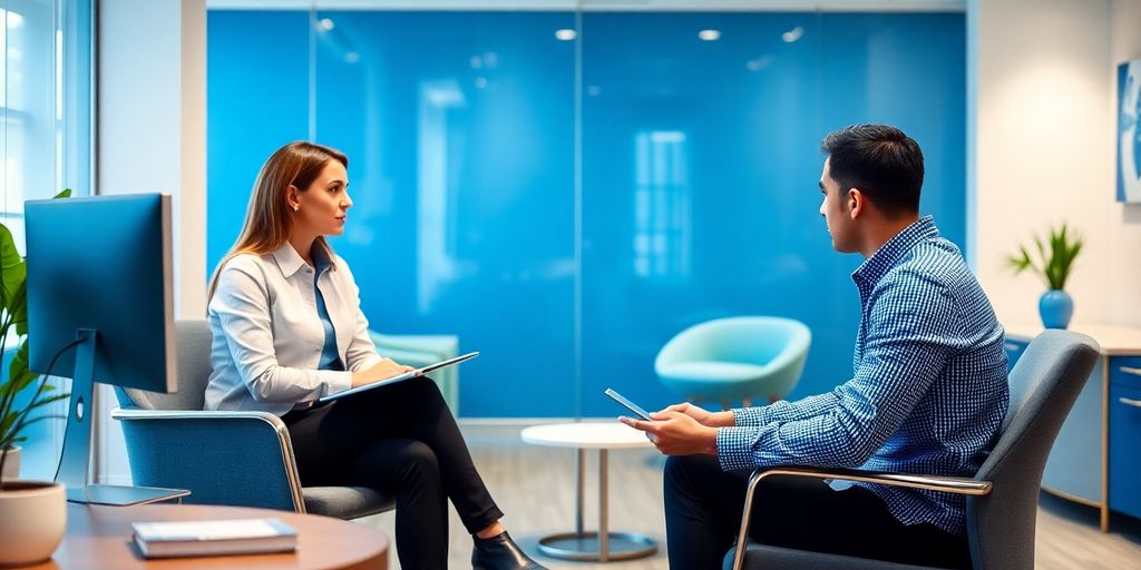 Den perfekten Lebenslauf für die Personalvermittlung erstellen: Dos & Don’ts Interview zwischen Personalvermittler und Kandidat in einem Büro.