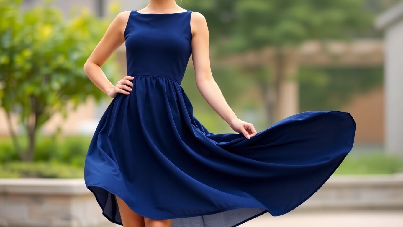 Woman in a flattering navy blue A-line dress.