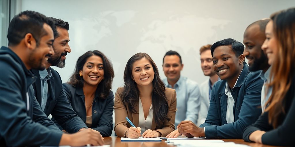 Diverse professionals working, world map background