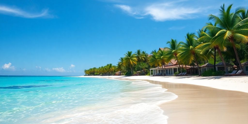 Beachfront resort with turquoise water and palm trees.