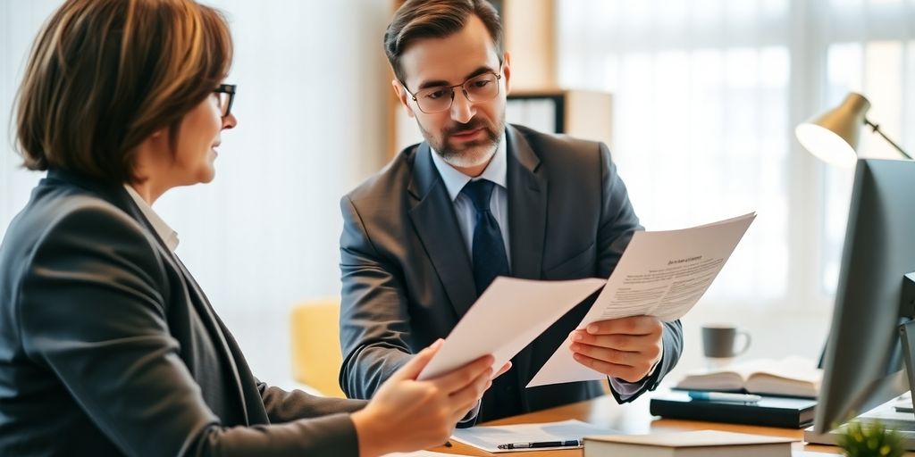 Attorney and client discussing auto insurance in an office.