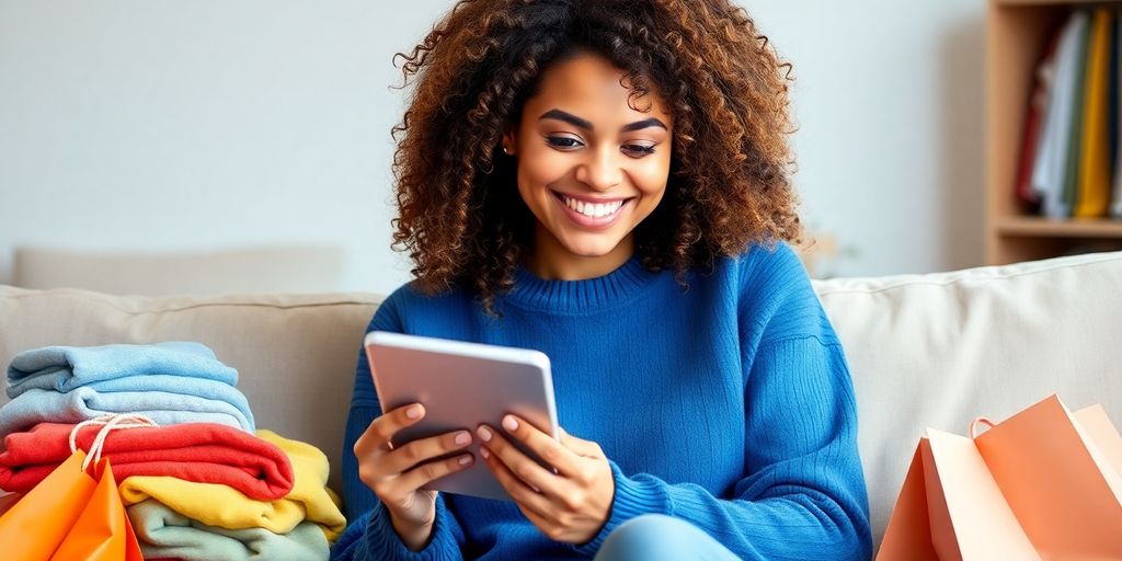 Happy woman shopping online for clothes.