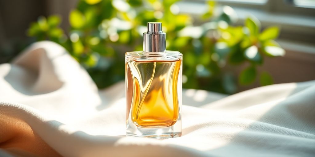 Frasco de perfume sobre tecido suave e iluminado.