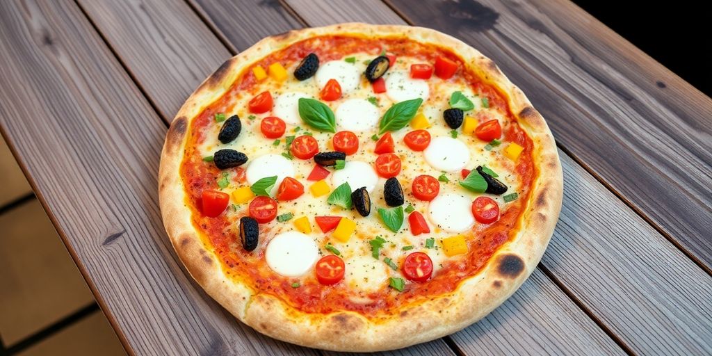 Gluten-free pizza with fresh toppings on a wooden table.