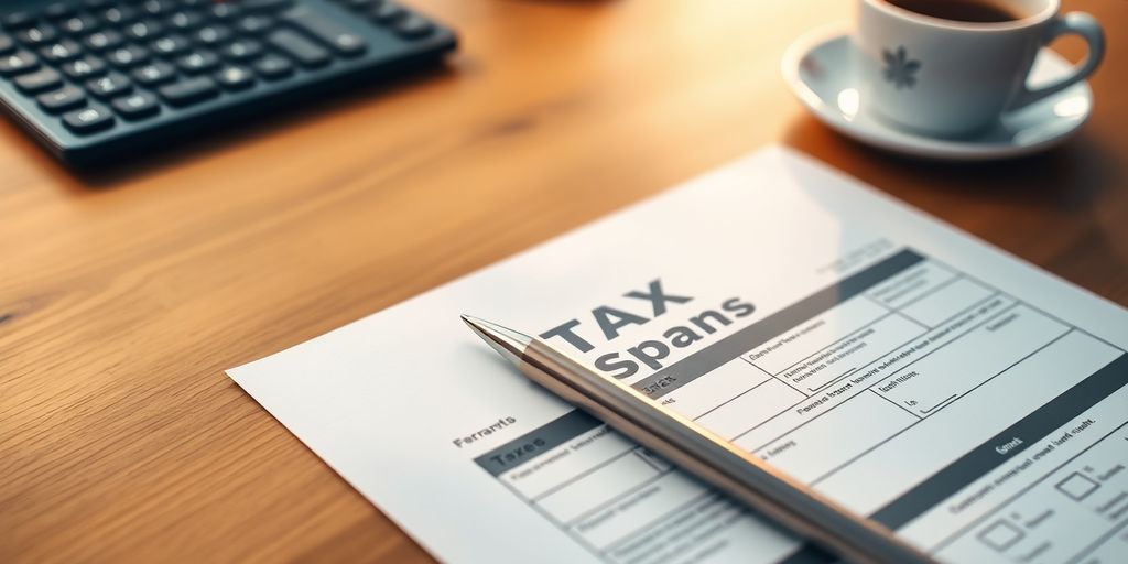 Close-up of tax form and writing materials on desk.