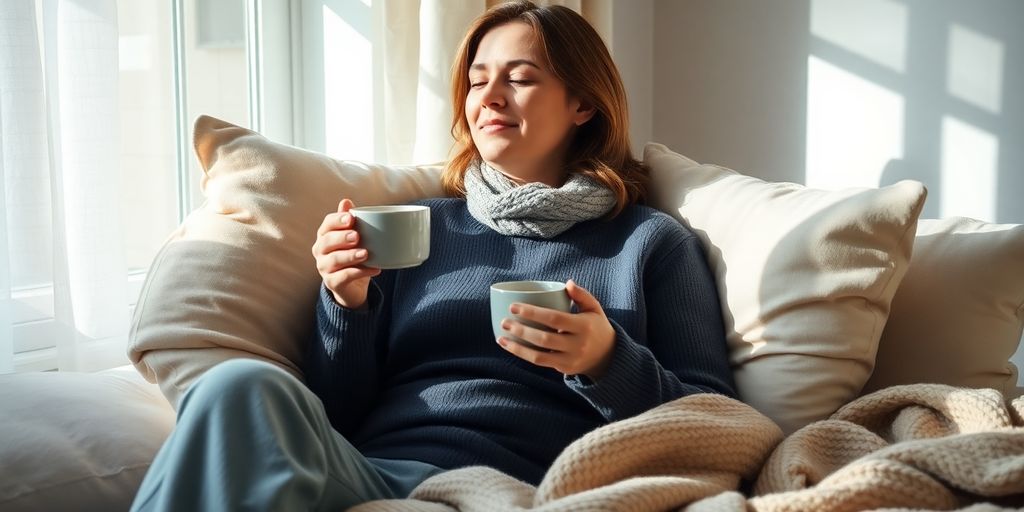 Mãe relaxando com chá em um ambiente aconchegante.