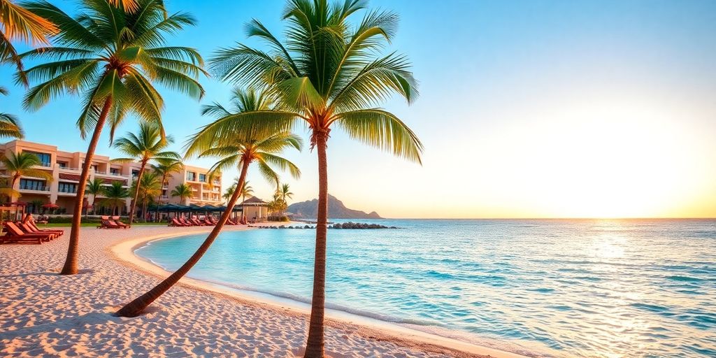 Luxurious Secrets Puerto Los Cabos resort at sunset.