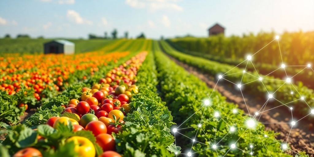 Farm produce with a digital blockchain network overlay.