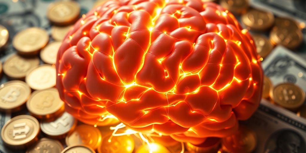 Photograph of a brain with glowing connections and currency.