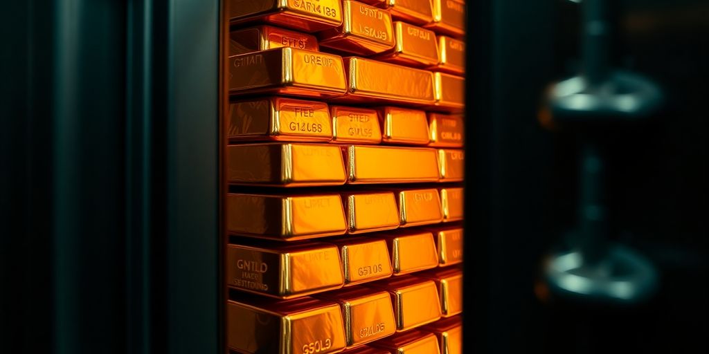 Lingots d'or brillants empilés dans une voûte sécurisée.