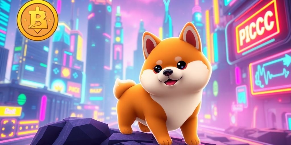 Imagem do Baby Doge em uma cidade futurista.