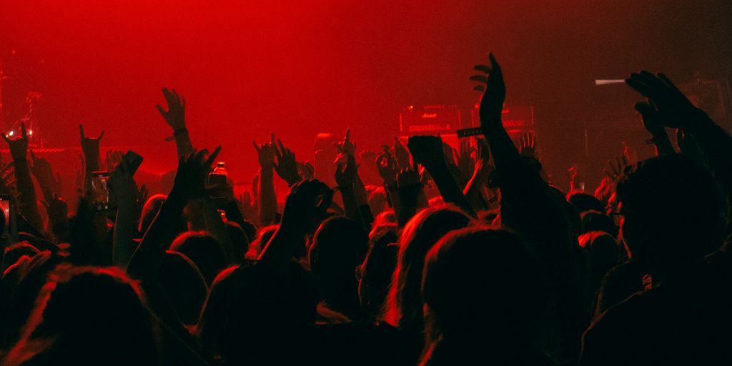 a crowd of people at a concert with their hands in the air