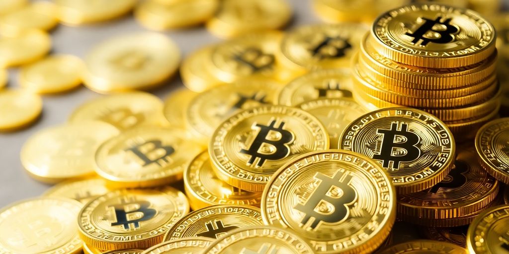 Bitcoin coins stacked high, glowing with potential.