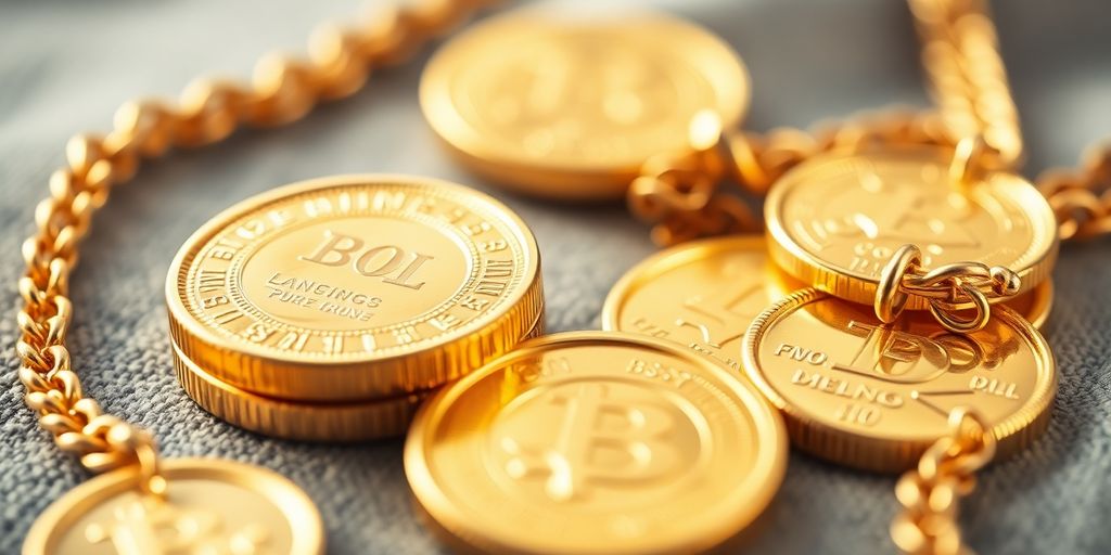 Des pièces d'or et bijoux brillants en gros plan.