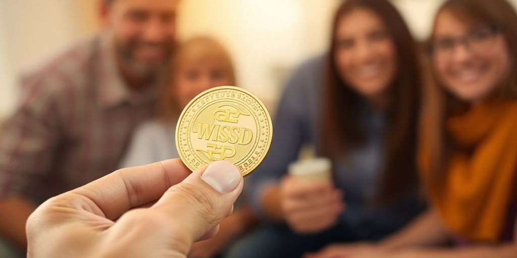 Monnaie d'or dans une main lors d'une réunion familiale.