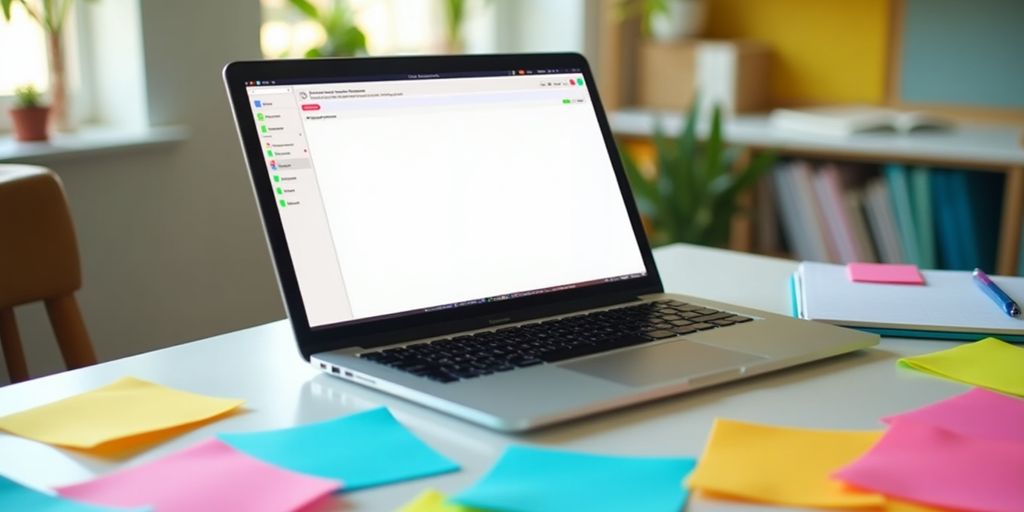 A workspace with a laptop and sticky notes.