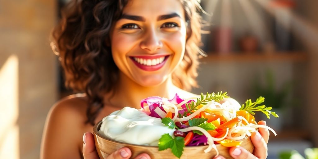 Woman eating healthy fermented foods for gut health and weight loss.