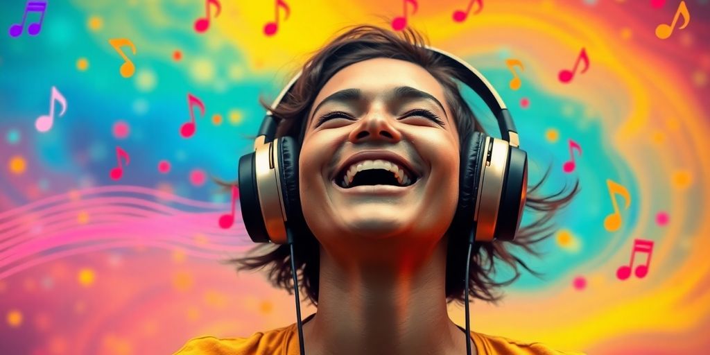 Person enjoying music with headphones and colorful notes.