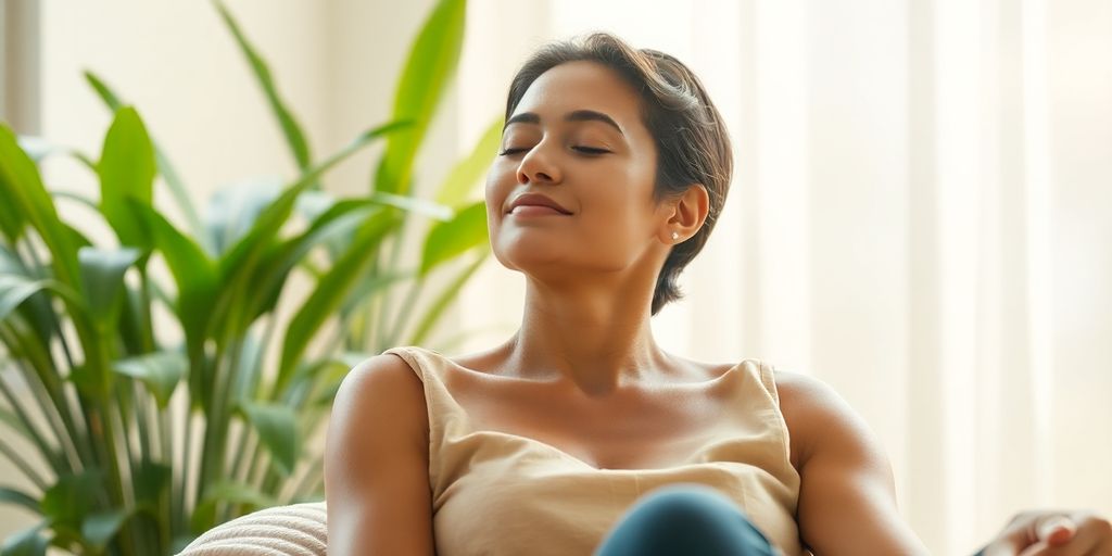 Person meditating, calm. Green plants.