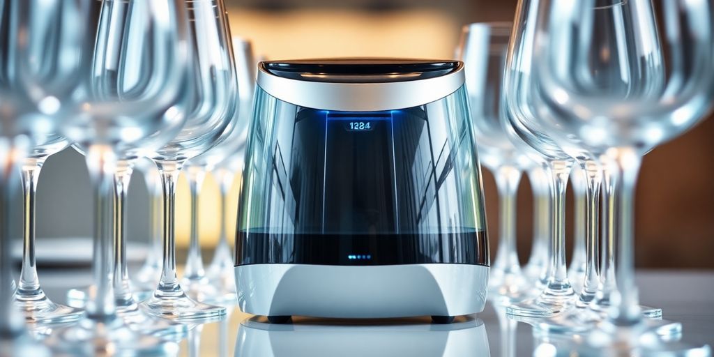 Elegant stemware cleaning device with sparkling wine glasses.
