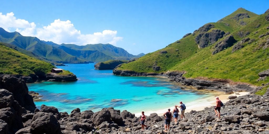 Travelers exploring Komodo Island's scenic beach and landscape.