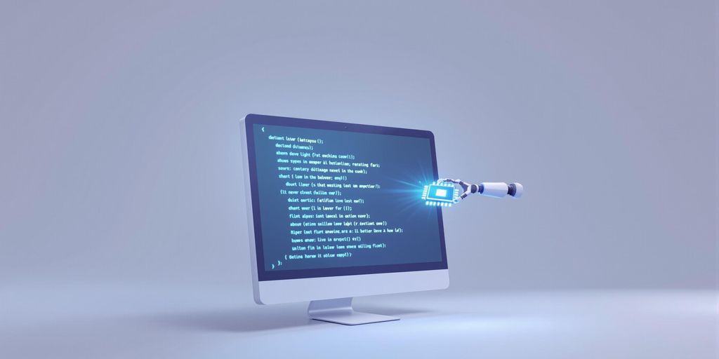 Robot installing software on a minimalist computer.