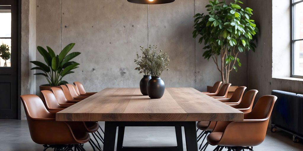 Modern conference room with a wooden table and stylish chairs.