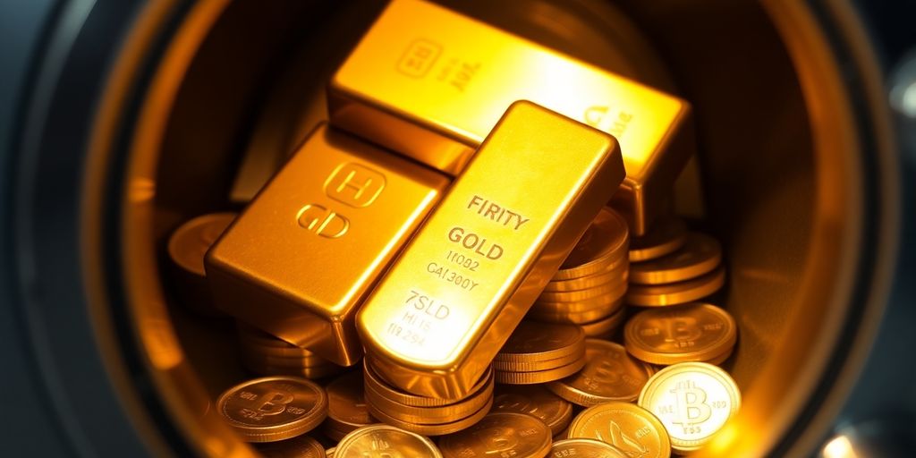 Lingots d'or et pièces d'argent dans un coffre.