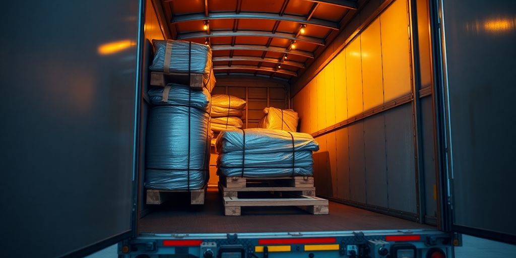 Semi-remorque chargée avec des marchandises bien arrimées.