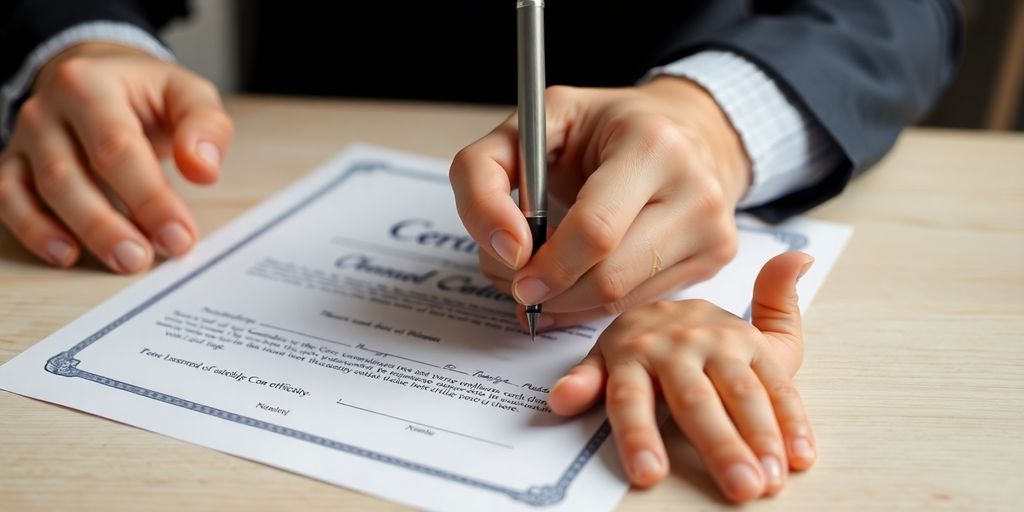 Parent, child, certificate, pen, table, light.