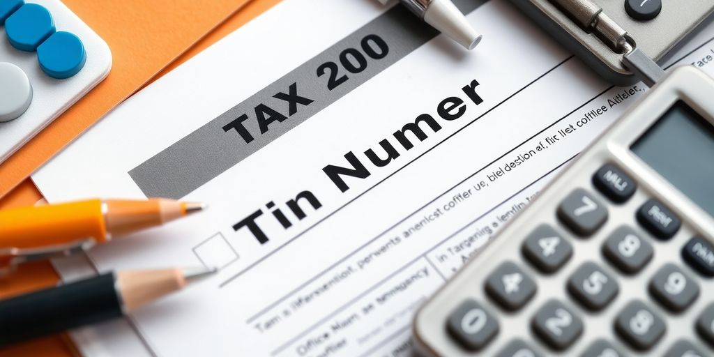 Close-up of a tax form with a Tin Number and calculator.
