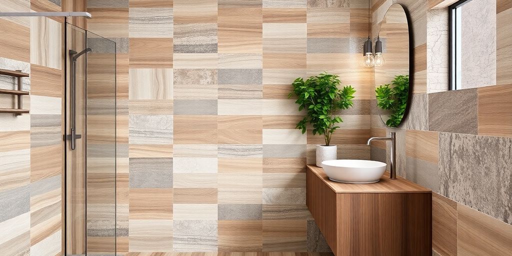 Eco-friendly bathroom tiles in natural tones and textures.