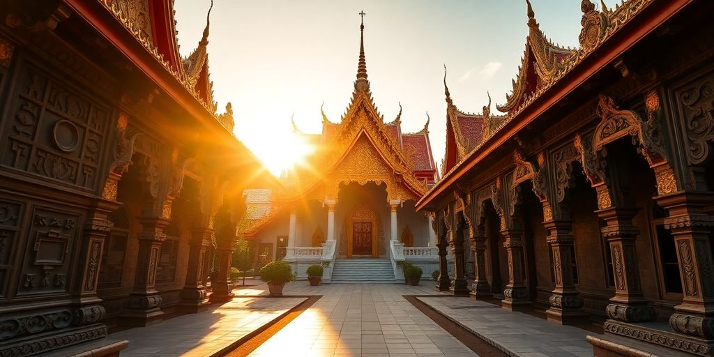 Thai temple architecture with a sunlit pathway.