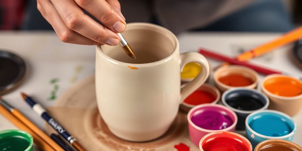 Hands painting ceramic mug with colorful glazes.