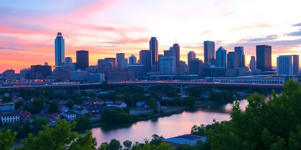 Dallas skyline at sunset with vibrant colors and architecture.