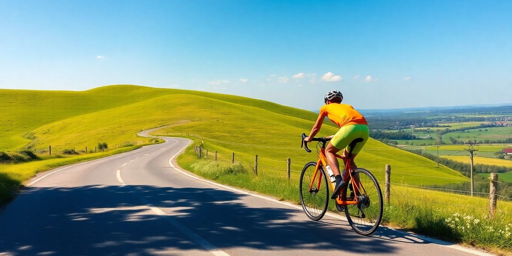 Fietsers op landweg met groene heuvels