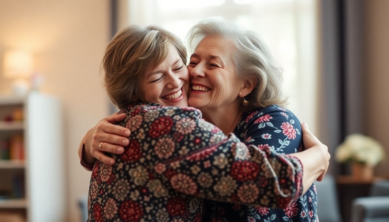 Daughter joyfully reunites with her birth mother.