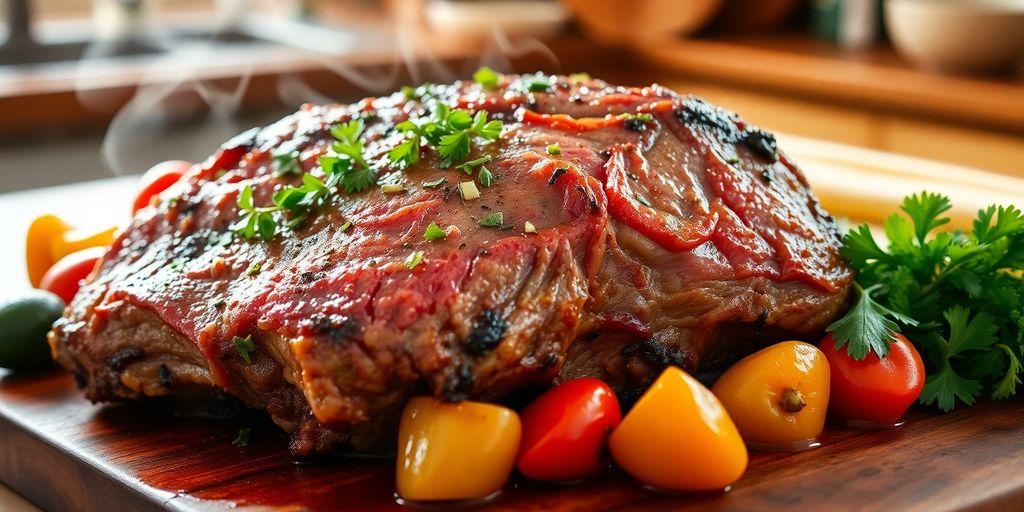 A perfectly cooked boneless beef chuck roast with herbs.
