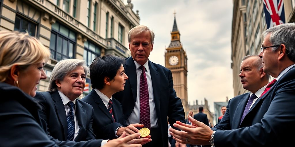 UK politicians discussing cryptocurrency in a city setting.