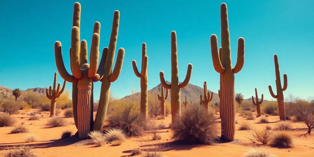 Desert landscape with saguaro cacti in Tucson, Arizona.