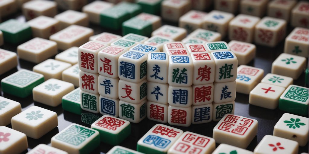 Close-up of Mahjong character tiles in a colorful pattern.