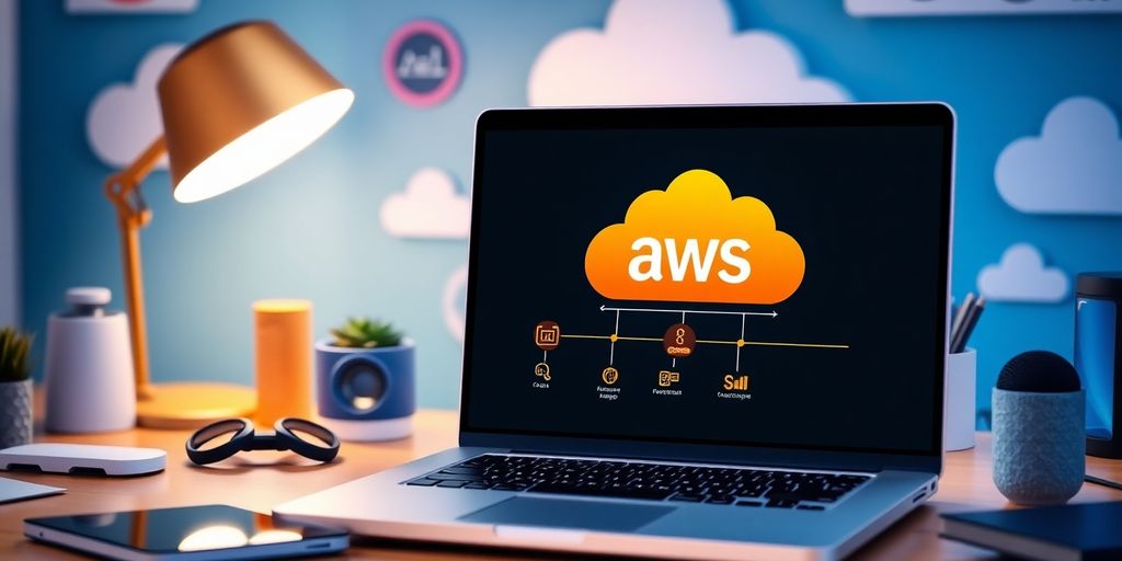 Laptop with AWS architecture in a modern workspace.