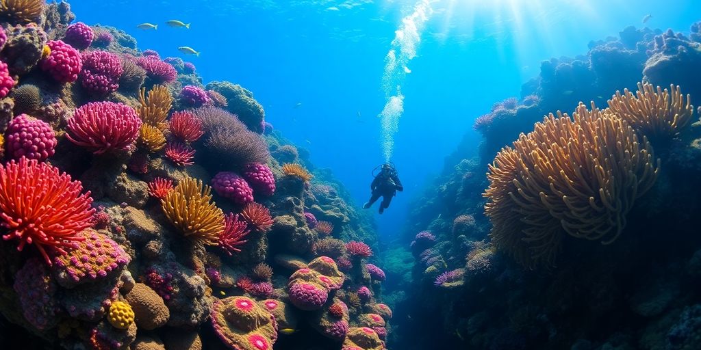 Diver exploring vibrant coral reefs in Komodo.