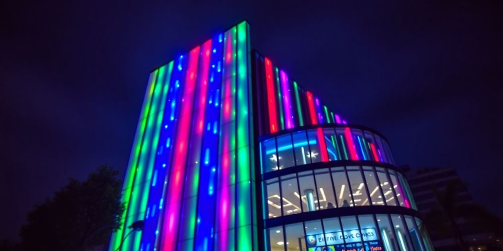 Glowing LED lights illuminating a building facade at night.