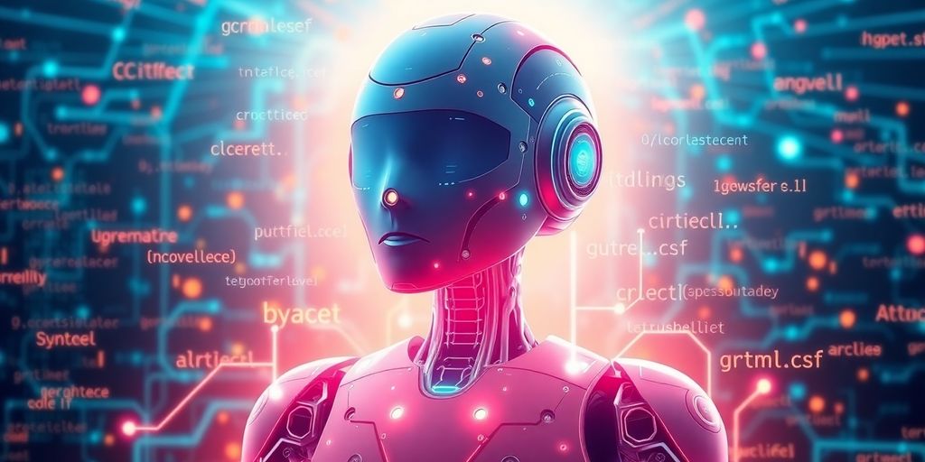 AI robot generating algorithms with vibrant digital patterns.