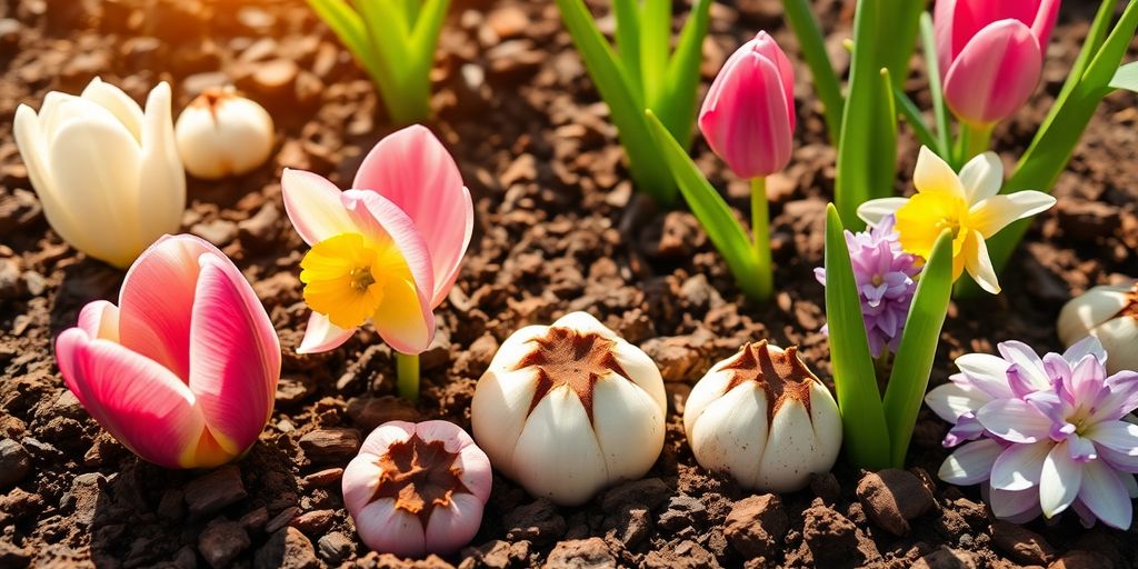 Bunte Frühblüher-Zwiebeln im Boden gepflanzt.