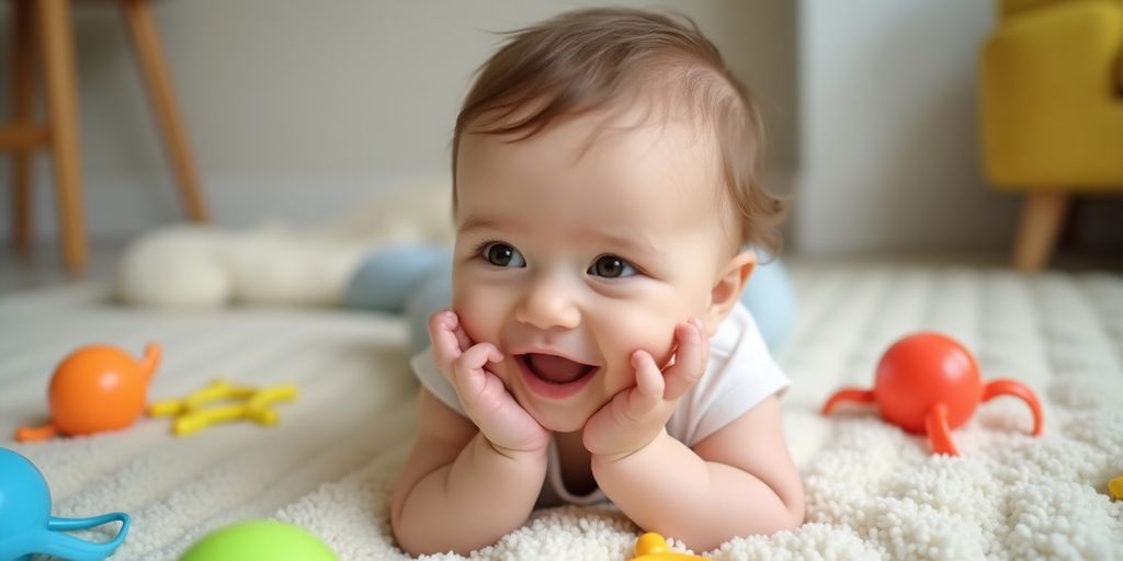 Happy baby playing with colorful toys on a blanket.