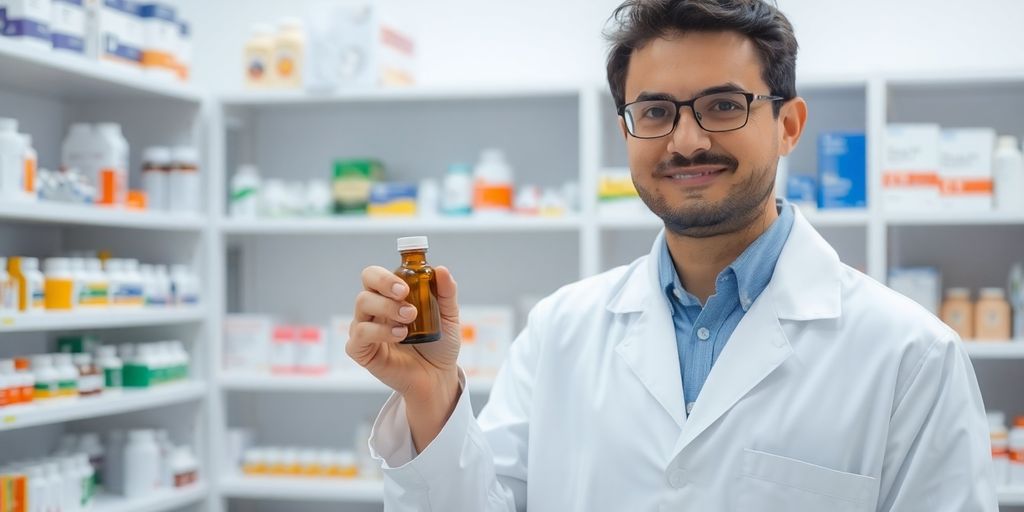 Pharmacist holding medication, illustrative image.