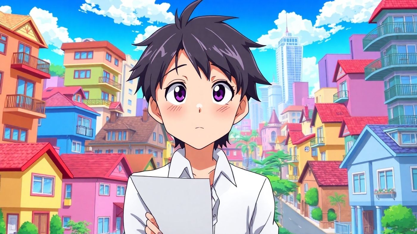 Anime character analyzing rental properties in a city.